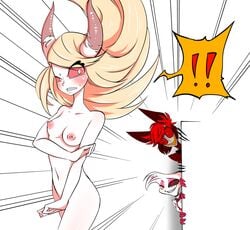 1girls 2boys alastor_(hazbin_hotel) angel_dust_(hazbin_hotel) angry annoyed bad_censor censored charlie_morningstar_(hazbin_hotel) covering covering_crotch demon_form exclamation female hazbin_hotel horns long_hair naked naked_female nude nude_female red_eyes straight_hair watching white_skin ドクターd