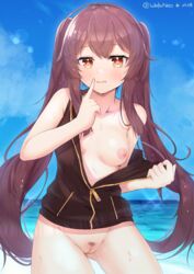 ahoge ass_visible_through_thighs bangs black_jacket blue_sky blush bottomless breasts brown_hair censored collarbone contrapposto cowboy_shot dated day eyebrows_visible_through_hair female finger_to_mouth flower-shaped_pupils genshin_impact highres horizon hu_tao_(genshin_impact) index_finger_raised jacket long_hair mosaic_censoring naked_jacket nipples no_bra ocean one_breast_out open_clothes open_jacket orange_eyes outdoors parted_lips partially_unzipped pubic_hair pussy shushing sky sleeveless sleeveless_jacket small_breasts solo sweat twintails twitter_username undressing very_long_hair wata_neo water