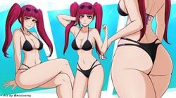 1girls ass back_view bikini bleach blunt_bangs breasts crossed_legs curvaceous curvy curvy_body curvy_figure dokugamine_riruka eyelashes female female_only front_view highleg highleg_bikini light-skinned_female light_skin looking_at_viewer magenta_eyes magenta_hair matching_hair/eyes medium_breasts midriff mistowing multiple_views petite posing sidelocks sitting smile solo solo_focus standing sunglasses sunglasses_on_head swimsuit tied_hair twintails wide_hips