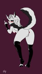 anthro anus ass bent_over blush breasts canid canid_demon demon ear_piercing ear_ring female gatox_(artist) genitals gesture hair hanging_breasts hellhound helluva_boss hi_res looking_back loona_(helluva_boss) mammal middle_finger mostly_nude nipples notched_ear piercing presenting presenting_hindquarters pussy red_sclera simple_background solo toeless_legwear white_hair