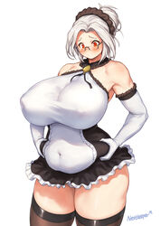 1girls 2019 alternate_version_available armwear bare_shoulders black_legwear black_stockings breasts chubby cleavage covered_navel covered_nipples female female_focus female_only frills labiata_prototype_(last_origin) large_breasts last_origin maid_uniform navel nestkeeper nipple_bulge nipples red_eyes solo solo_focus thick thick_thighs thighhighs weight_conscious white_armwear white_hair wide_hips