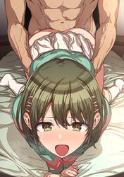 1boy :o all_fours aqua_shirt arm_support ass bangs bed_sheet blush bob_cut clothes_lift commentary doggy_style erere female foreshortening green_eyes green_hair hair_between_eyes hair_ornament hairclip hands_on_another's_waist idolmaster idolmaster_shiny_colors looking_ahead nanakusa_nichika no_panties nose_blush on_bed open_mouth own_hands_together pink_shirt sex sex_from_behind shirt short_hair skirt skirt_lift socks solo_focus striped striped_shirt white_legwear white_skirt