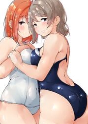 2girls ass back blue_eyes breast_squeeze breasts curvy female female_only grey_hair love_live! love_live!_sunshine!! one-piece_swimsuit orange_hair plump red_eyes shinonon shinonon_(iso_shino) small_breasts takami_chika thick_thighs thighs watanabe_you yuri