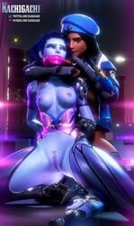 2girls 3d ana_amari bondage exposed_breasts exposed_nipples exposed_pussy gag hands_behind_back kachigachi looking_at_viewer lowres overwatch tape_gag taped_mouth widowmaker