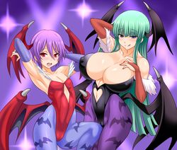 2girls anime_style bat_wings big_breasts blue_eyes capcom clothing darkstalkers female female_only flat_chest flat_chested green_hair huge_breasts konno_tohiro large_breasts lilith_aensland morrigan_aensland red_eyes sisters succubi succubus tagme thick_thighs wings