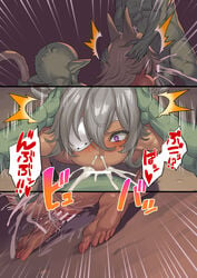 1girls 2boys abs anal animal_ears big_breasts breasts brown_skin censored cum cum_in_nose dark-skinned_female dogeza erect_nipples eye_patch fellatio female furry_ears ghislaine_dedoldia goblin goblin_male green_skin grey_hair highres huge_breasts interspecies japanese_text large_breasts male midriff multiple_boys muscles muscular muscular_female mushoku_tensei navel obui rough_sex small_dom_big_sub smaller_male speech_bubble taken_from_behind text