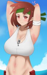 advance_wars armpits arms_behind_back arms_up breast brown_eyes brown_hair female female_focus female_only green_headband headband looking_at_viewer pibu red_eyes red_hair sami sami_(advance_wars) smiling sports_bra sweat tomboy tummy white_bra