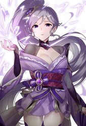 1girls breasts bridal_gauntlets cleavage cosplay cowboy_shot cross cross_earrings earrings electricity female fire_emblem fire_emblem:_genealogy_of_the_holy_war flower genshin_impact hair_flower hair_ornament hand_up haru_(nakajou-28) high_ponytail ishtar_(fire_emblem) japanese_clothes jewelry kimono long_hair long_sleeves looking_at_viewer medium_breasts nintendo obi parted_lips purple_eyes purple_flower purple_hair purple_kimono raiden_shogun raiden_shogun_(cosplay) sash smile solo tassel thigh_gap very_long_hair vision_(genshin_impact) wide_sleeves