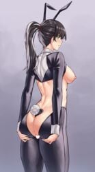 animal_ears anus ass black_hair black_hairband black_legwear blush breasts censored female from_behind green_eyes hairband heart heart_censor large_breasts long_hair long_sleeves looking_at_viewer looking_back meme_attire nipples original parted_lips ponytail purple_background rabbit_ears reverse_bunnysuit reverse_outfit sarhce simple_background solo