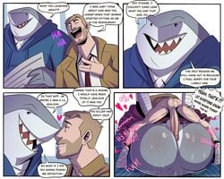 2boys ass balls big_butt chubby_male comic dc_comics english_text fish fur furry gay human john_constantine king_shark male male/male male_only penis shark small_dom_big_sub superchub tagme text trashtoonz yaoi