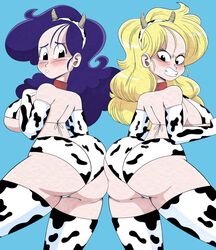 2021 2girls ass big_ass big_breasts blush breasts codykins123 cow_ears cow_girl cow_print dragon_ball embarrassed embarrassed_nude_female female female_only good_launch huge_breasts launch low-angle_view multiple_girls rear_view shounen_jump thick_thighs year_of_the_ox