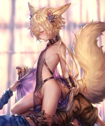 2boys androgynous erection femboy fox fox_ears fox_tail fushimiduka granblue_fantasy kitsune kitsunemimi kou_(granblue_fantasy) light-skinned_femboy light-skinned_male male_only nipples penis precum revealing_clothes sitting_on_person small_penis smaller_male trap