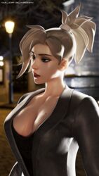 1girls 3d blizzard_entertainment blonde_hair blue_eyes breasts cleavage clothed eyeshadow female female_only highres inner_sideboob large_breasts lipstick low_cut_top major_guardian mercy mole_on_breast overwatch ponytail sideboob solo suit_jacket