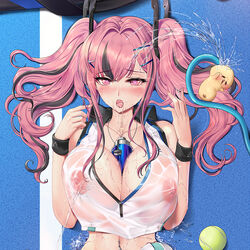 azur_lane ball between_breasts black_hair blush bottle breasts bremerton_(azur_lane) bremerton_(scorching-hot_training)_(azur_lane) cleavage commentary covered_nipples crop_top cropped dakimakura_(medium) eyebrows_visible_through_hair female from_above furrowed_brow hair_between_eyes hair_intakes hair_ornament hairclip headgear heart heart-shaped_pupils hose large_breasts looking_at_viewer lying manjuu_(azur_lane) medium_hair midriff mole mole_under_eye multicolored_hair nail_polish navel navel_piercing nipples no_bra official_alternate_costume on_back open_mouth piercing pink_eyes pink_hair pink_nails qi_yuan_zhi_yu sample see-through shirt sleeveless solo sportswear spraying streaked_hair sweatband symbol-shaped_pupils tank_top tennis_ball tennis_court tennis_uniform tongue twintails two-tone_hair upper_body water water_bottle wet wet_clothes wet_shirt white_tank_top wristband x_hair_ornament