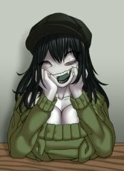 black_hair creepette_(sleeplesscreeper) elbows_on_table hat necozuki open_mouth resting_on_arms sharp_teeth sweater table white_eyes white_skin wink