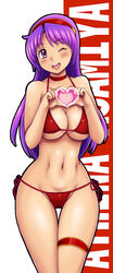 1girls athena_asamiya big_breasts blush breasts busty cameltoe child_bearing_hips choker female female_only hairbow heart king_of_fighters large_breasts lipstick long_hair looking_at_viewer navel one_eye_closed open_mouth psycho_soldier purple_hair red_bikini smile solo thick_thighs tsumitani_daisuke voluptuous wide_hips wink