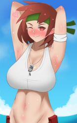 advance_wars armpits arms_behind_back arms_up breast brown_eyes brown_hair female female_focus female_only green_headband headband heart looking_at_viewer one_eye_closed pibu red_eyes red_hair sami sami_(advance_wars) smiling sports_bra sweat tomboy tummy white_bra wink