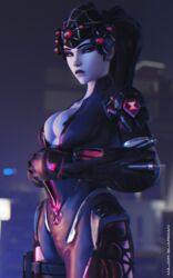 1girls 3d blue_skin eyewear_on_head highres inner_sideboob major_guardian overwatch sideboob spider_widowmaker squished_breasts unzipping widowmaker