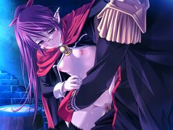 1boy bangs barrel black_legwear black_shirt bottomless bow breasts cape censored clothes_lift demonion demonion_ii:_maou_to_sannin_no_joou epaulettes eyebrows_visible_through_hair female floating_hair game_cg glasses hair_between_eyes hairbow half-closed_eyes long_hair long_sleeves m&m_(mickey_and_mackey) mosaic_censoring nipples official_art penis pointy_ears ponytail purple_eyes purple_hair rectangular_eyewear red_bow red_cape rimless_eyewear risbell sex shiny shiny_hair shirt shirt_lift small_breasts straight swept_bangs thighhighs vaginal_penetration very_long_hair