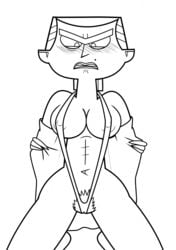 1girls abs angry beauty_mark bikini black_and_white blush breasts eva_(tdi) female female_pubic_hair monochrome nipples pubic_hair silvercoconut solo solo_female swimwear total_drama_island towel unibrow