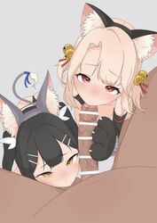 1boy 2girls animal_ears animal_hands ball_sucking bar_censor bell black_gloves black_hair blonde_hair cat_ears cat_tail censored collaborative_fellatio dark-skinned_male dark_skin elbow_gloves erection eyebrows_visible_through_hair faceless_male fake_animal_ears fake_tail fate/kaleid_liner_prisma_illya fate_(series) fellatio ffm_threesome foreskin gloves group_sex illyasviel_von_einzbern intact interracial jingle_bell light-skinned_female light_skin long_hair looking_at_viewer male_pov miyu_edelfelt multiple_fellatio multiple_girls oral partially_retracted_foreskin paw_gloves penis pov red_eyes shaved_crotch simple_background straight sukarabeeto tail teamwork testicle_sucking testicles threesome tongue tongue_in_foreskin tongue_out veins veiny_penis yellow_eyes