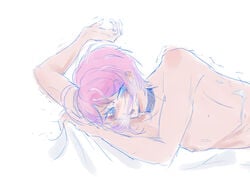 1boy amemura_ramuda blue_eyes femboy grabbing_sheets hypnosis_mic male male_only moaning pink_hair solo solo_male