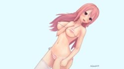 aizu649 barely_contained big_ass big_breasts blush blush hand_on_chest long_eyelashes long_hair micro_bikini navel nipple_bulge pink_eyes pink_hair red_eyes simple_background smile striped stripes sweat swimsuit thighhighs white_legwear