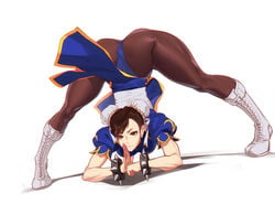 1girls brown_eyes brown_hair capcom chinese_clothes chun-li face_down_ass_up feguimel female female_only fully_clothed hair_buns hi_res jack-o_pose jackochallenge pantyhose solo solo_female spiked_bracelet splits street_fighter thick_thighs white_background