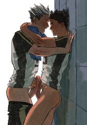 2boys against_wall akaashi_keiji arms_around_neck ass black_hair blush bokuto_koutarou chengongzi123 clothing dual_handjob frottage gay haikyuu!! hand_on_penis handjob male male/male male_only pants_pull penis penis_grab shirt sports_uniform sweat sweatdrop towel towel_around_neck yaoi