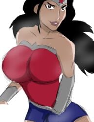 1girls artist_request bare_shoulders big_breasts biting_lip black_hair clothing dc_comics hand_in_shorts headband large_breasts leotard long_hair looking_at_viewer simple_background tagme white_background wonder_woman wonder_woman_(series) wristband