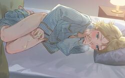 1boy blonde_hair blue_eyes blush covering_mouth cum kagamine_len male_only masturbation naoconococo pajamas small_penis vocaloid