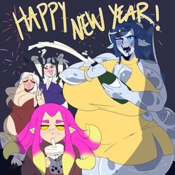 4girls azura_(bluueygooey) bluueygooey busty champagne character_request curvy female happy_new_year human humanoid monster_girl multiple_girls original original_character original_characters slime slime_girl thick