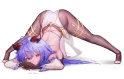 1girls adeptus ass ass_up bent_over big_breasts blue_hair blush clothed female female_only ganyu_(genshin_impact) genshin_impact hi_res horn horns jack-o_pose qilin splits spread_legs thick_thighs top-down_bottom-up xude