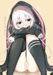 aties2 blue_eyes blush bunny_ears cevio hoodie ia_(vocaloid) panties pussy thick_thighs thighhighs vagina vocaloid white_hair