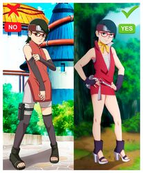 black_eyes black_hair boruto:_naruto_next_generations calves collage gloves hands_on_hips high_heels kerchief legs naruto naruto_(series) no_panties sarada_uchiha sexually_suggestive short_dress tagme village