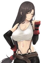absurdres bangs bare_shoulders belt black_skirt breasts brown_hair clenched_hand closed_mouth collarbone contrapposto cowboy_shot crop_top detached_sleeves earrings elbow_gloves elbow_pads eyebrows_visible_through_hair eyelashes female final_fantasy final_fantasy_vii fingerless_gloves gloves groin hair_between_eyes hand_on_hip highres j@ck jewelry large_breasts lips long_hair looking_away looking_to_the_side low-tied_long_hair miniskirt navel pencil_skirt sidelocks simple_background skirt sleeveless smile solo standing stomach stud_earrings suspender_skirt suspenders tank_top tifa_lockhart toned very_long_hair white_background white_tank_top