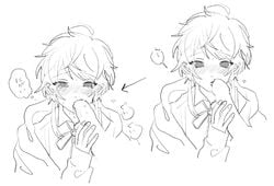 1boy amemura_ramuda blush fellatio femboy hypnosis_mic monochrome okashi_nini oral sucking