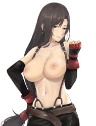 absurdres bangs bare_shoulders belt black_skirt breasts brown_hair clenched_hand closed_mouth collarbone contrapposto cowboy_shot detached_sleeves earrings elbow_gloves elbow_pads eyebrows_visible_through_hair eyelashes female final_fantasy final_fantasy_vii fingerless_gloves glands_of_montgomery gloves groin hair_between_eyes hand_on_hip highres j@ck jewelry large_breasts lips long_hair looking_away looking_to_the_side low-tied_long_hair miniskirt nipples pencil_skirt sidelocks simple_background skirt sleeveless smile solo standing stud_earrings suspender_skirt suspenders tifa_lockhart toned topless very_long_hair white_background