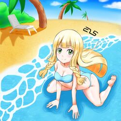 1girls barefoot beach bikini blonde_hair braid feet female game_freak green_eyes human light-skinned_female light_skin lillie_(pokemon) long_hair nintendo pokemon pokemon_sm sand shougun_(chuckni1) skin solo straight_hair swimsuit tagme toes water