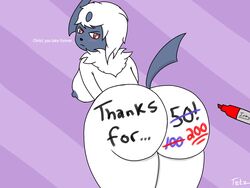 absol anthro anthrofied ass blush breasts female fur hi_res marker nintendo pokémon_(species) pokemon pokemon_(species) pokemorph solo tetz_(artist) text video_games white_body white_fur