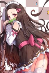 aged_up alternate_costume ass bare_shoulders blush brown_hair butt_crack demon_slayer female female_only gag garter_straps hair_ribbon isinose_(ilxodidli) kamado_nezuko kimetsu_no_yaiba lace-trimmed_thighhighs long_hair looking_at_viewer looking_back maid_headdress maid_uniform pink_eyes solo stockings two_tone_hair upskirt very_long_hair white_armwear white_legwear zettai_ryouiki