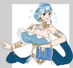 1girls alternate_costume big_breasts blue_hair book breast_expansion breasts brown_eyes cleavage dancer dancer_(three_houses) earrings easybee embarrassed english_text fire_emblem fire_emblem:_three_houses fire_emblem_heroes huge_breasts large_breasts light_blue_hair looking_at_viewer magic marianne_(serene_adherent)_(fire_emblem) marianne_von_edmund nintendo official_alternate_costume short_hair smile solo sweatdrop text upper_body white_background