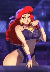 1girls between_breasts big_breasts black_bra black_panties breasts captain_syrup coin earrings female lace_bra lace_panties lingerie lipstick long_red_hair makeup mario_(series) nintendo object_between_breasts picot_trim picot_trim_panties purple_bandana red_eyes red_hair tovio_rogers underwear wario_(series) wario_land wario_land:_shake_it!