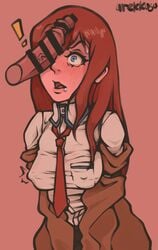 1girls arekkusudesu aroused blue_eyes blush breasts disembodied_penis female highres human large_breasts large_penis lipstick makeup makise_kurisu nipples penis red_hair saliva self_upload steins;gate veins veiny_penis wide-eyed