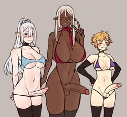 3futas adraste_(gyarusatan) balls big_breasts big_penis bikini blonde_hair breasts clothed clothing dark-skinned_futanari dark_skin elbow_gloves freyja_(gyarusatan) futa_only futanari gloves gyarusatan hairless_balls hairless_penis humanoid humanoid_penis irene_(gyarusatan) large_breasts light-skinned_futanari light_skin long_hair mostly_nude pale_skin penis short_hair side_by_side side_by_side_position size_difference standing testicles thick_thighs thighhighs white_hair wide_hips