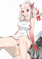 1boy 1girls arknights censor_bar censored_penis cum cum_in_pussy cum_inside doctor_(arknights) dragon_girl dragon_tail hetero horns light-skinned_female light-skinned_male light_skin nian_(arknights) pointy_ears red_eyes vaginal_penetration white_hair