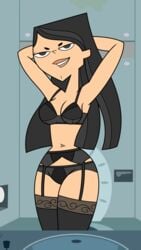 1girls armpits arms_up black_lingerie black_panties black_socks bra cleavage female heather_(tdi) lace-trimmed_socks lace-trimmed_thighhighs leggings legwear lingerie lips long_hair navel panties pose smile socks solo solo_female thigh_socks thighhighs tjlive5 toilet total_drama_island