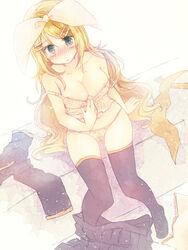 blonde_hair blue_eyes breasts coco0x0 future_rin kagamine_rin kagamine_rin_(future_style) nipples panties pulling_shirt_down strawberry thick_thighs thighhighs vocaloid