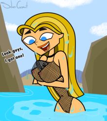 1girls accurate_art_style between_breasts blonde_hair blue_eyes english_text female fish happy lindsay_(tdi) lingerie navel nipples open_smile pussy silvercoconut smile solo text total_drama_island water wet