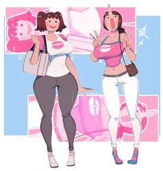 2girls animon blush brown_hair crop_top cute derp derp_eyes ditto ditto_copied_person ditto_face dopey handbag large_breasts midriff peace_sign pokemon pokemon_(species) ponytail purse sfw shoulder_bag silly_face tingtongten transformed transformed_ditto twintails wide_hips